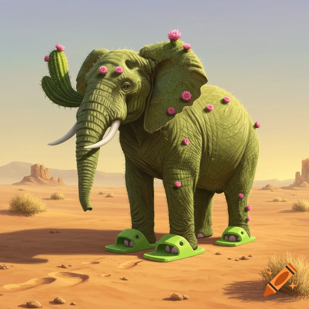 A whimsical green elephant with a cactus-like texture and pink flowers on its body stands in a desert, wearing four bright green slide sandals.