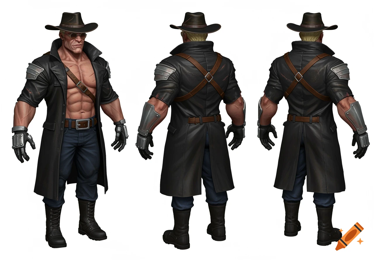 A muscular man in a long black leather coat, hat, and sunglasses, shown in front, side, and back views, like a 3D model.
