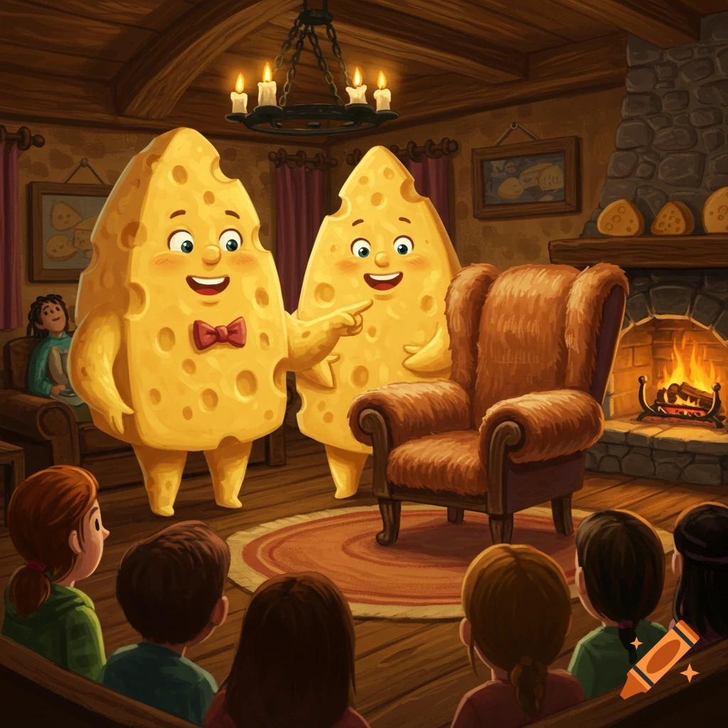 Two smiling anthropomorphic cheese characters stand by a hairy armchair in a cozy room with a fireplace, while children listen.