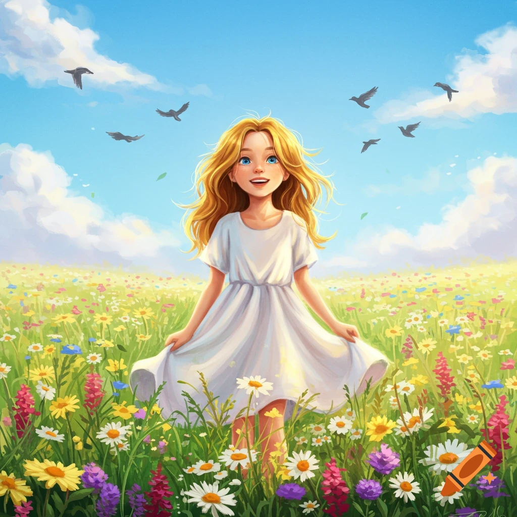 A smiling blonde girl in a white dress stands in a vibrant flower field under a blue sky with birds.