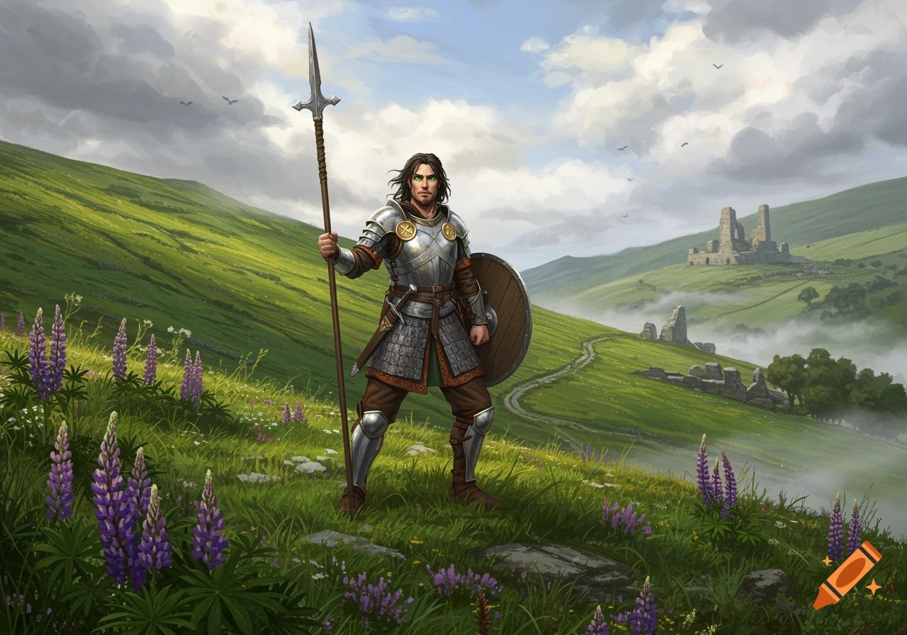A male warrior in silver armor with a spear and shield stands on a green hill with purple flowers, overlooking distant ruins.