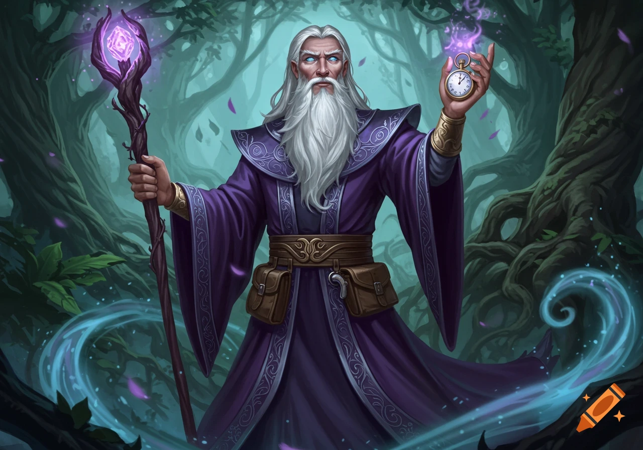 An old wizard with a long white beard and glowing blue eyes stands in a mystical forest, holding a purple magical staff and a pocket watch.