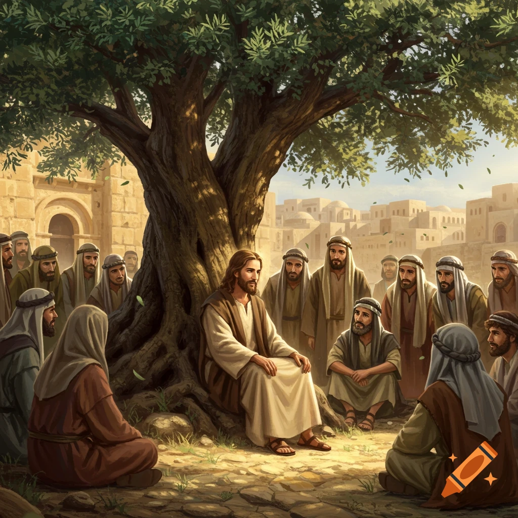 Jesus sits under a large olive tree, teaching a group of men in ancient attire gathered around him in a village square.
