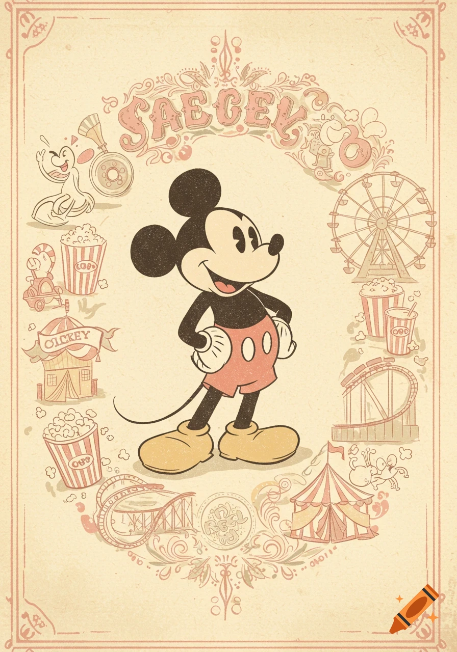 Vintage illustration of Mickey Mouse surrounded by carnival elements like a Ferris wheel, roller coaster, and popcorn, all within an ornate border.