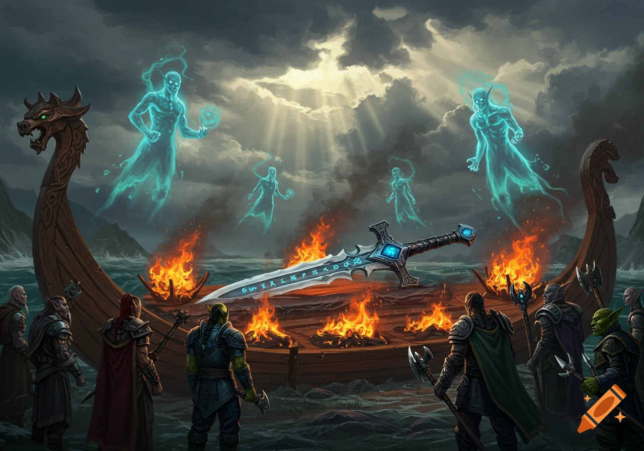 Fantasy scene of a glowing sword on a burning Viking longship at sea, surrounded by spectral figures and warriors from various fantasy races.