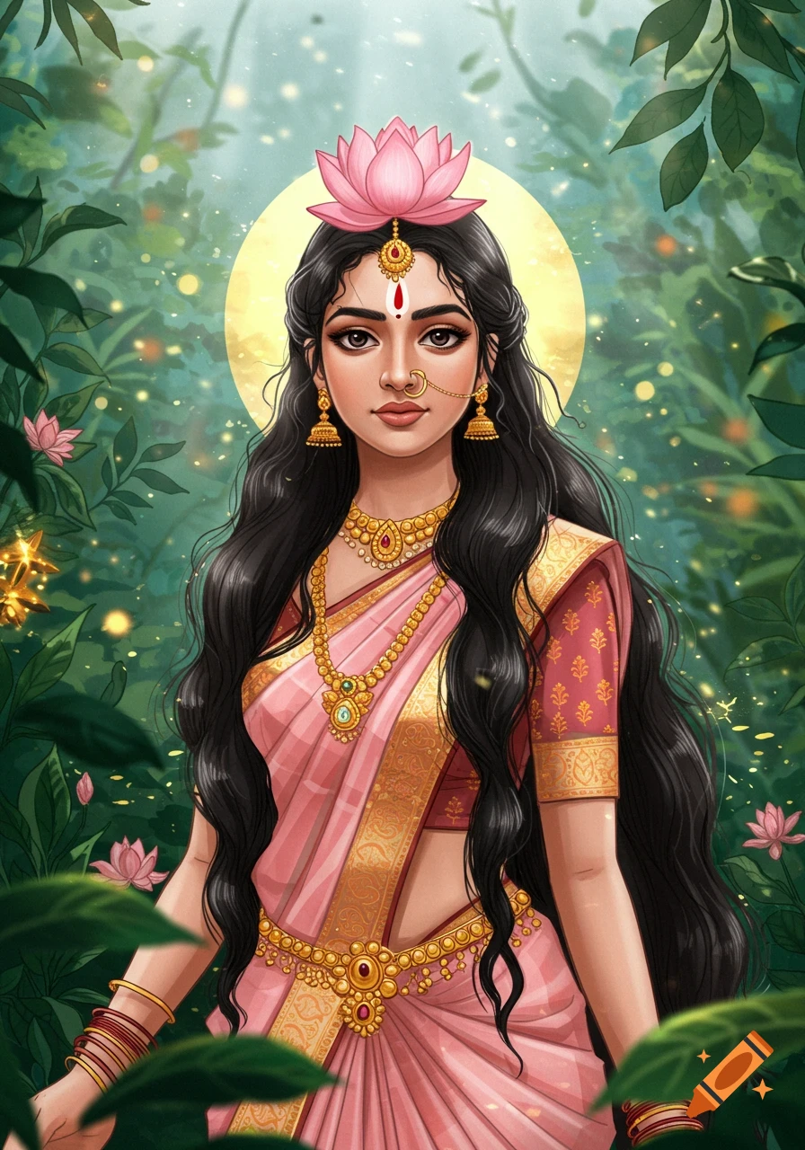 A beautiful South Indian woman with long dark wavy hair, adorned with traditional gold jewelry and a pink lotus on her head, stands in a lush green forest.
