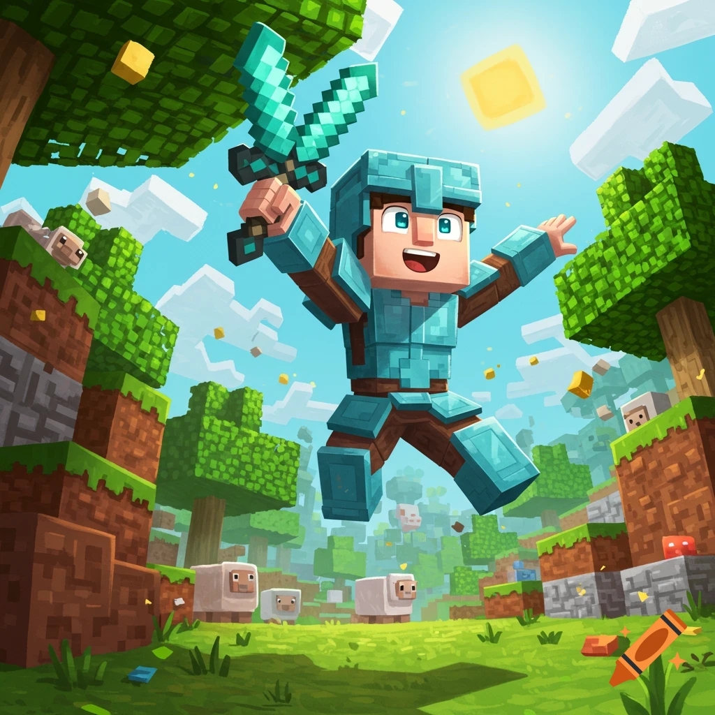 A cartoon Minecraft character in diamond armor jumps with a sword in a blocky landscape with sheep and trees.