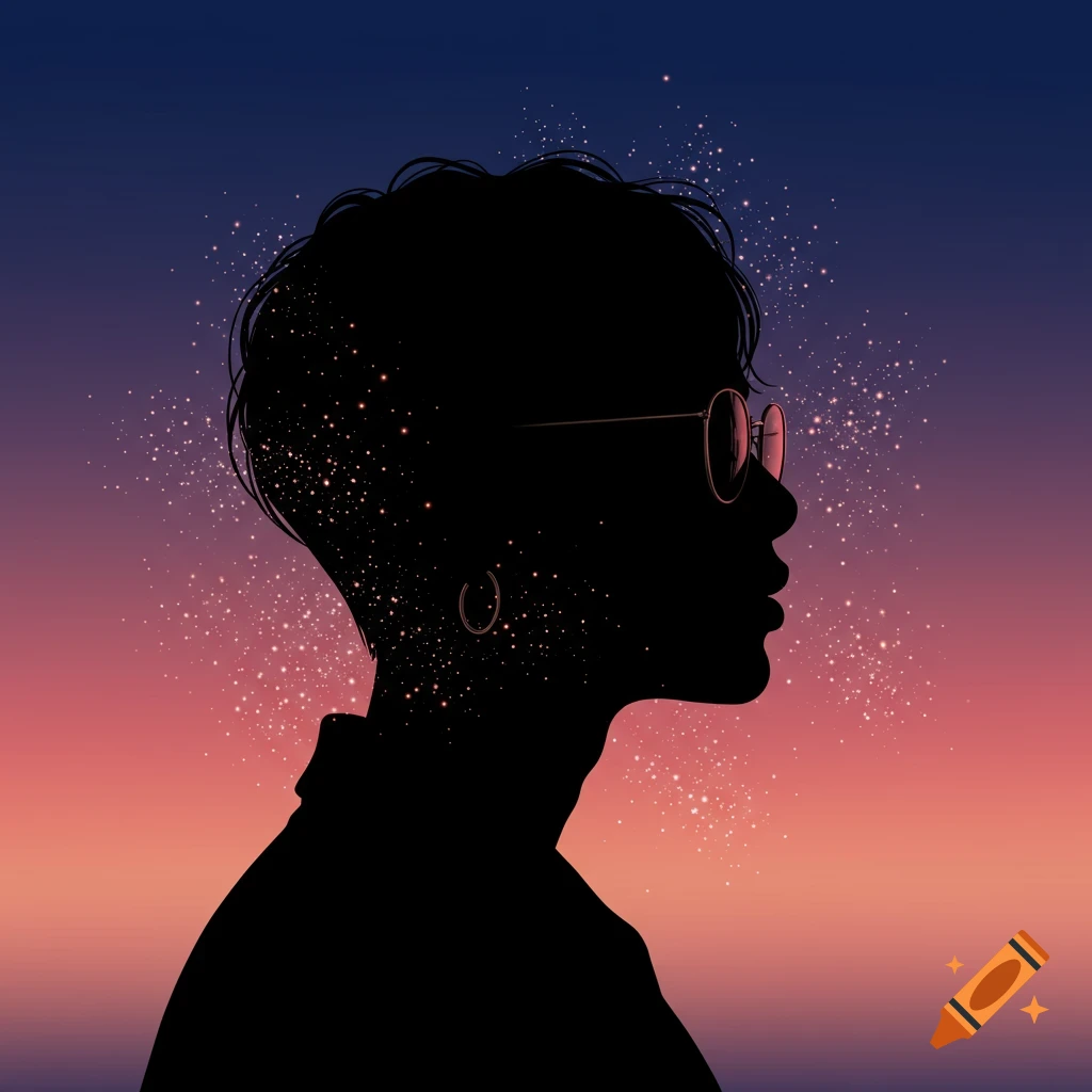 Silhouette of a person with short curly hair, glasses, and earrings, against a gradient sunset sky with sparkling dust.