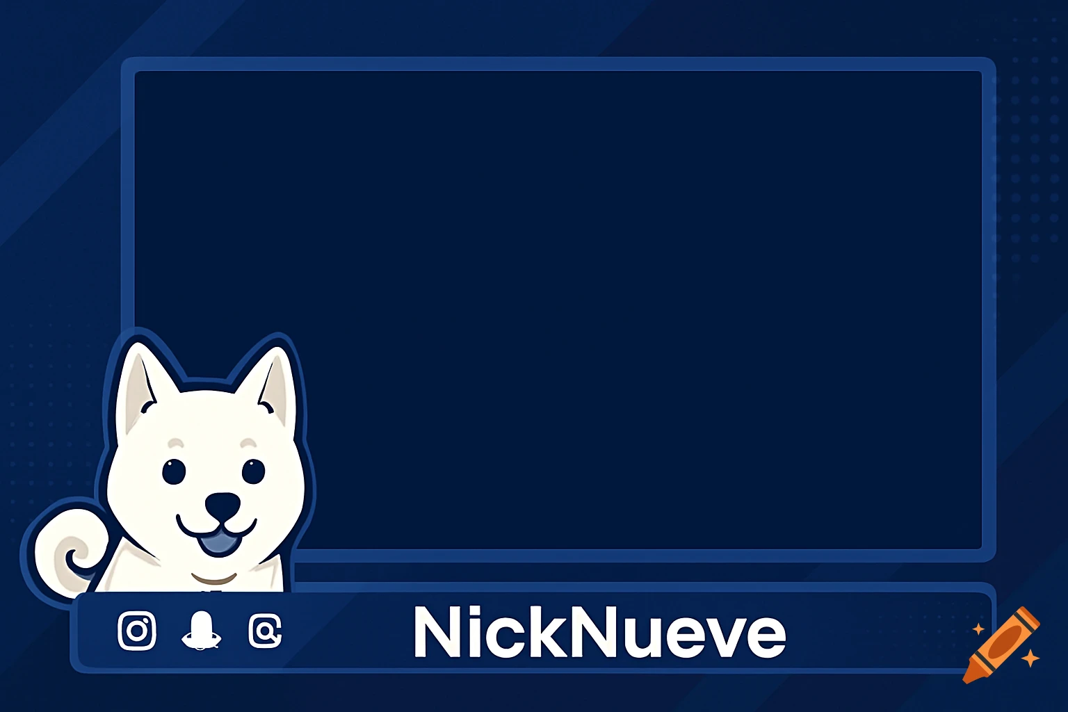A dark blue Twitch overlay with a cartoon white Shiba Inu peeking from the bottom left, next to a bar displaying "NickNueve" and social media icons.