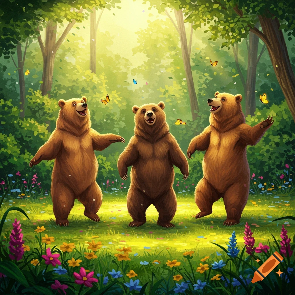 Three happy cartoon bears dancing in a vibrant forest with butterflies and colorful flowers.