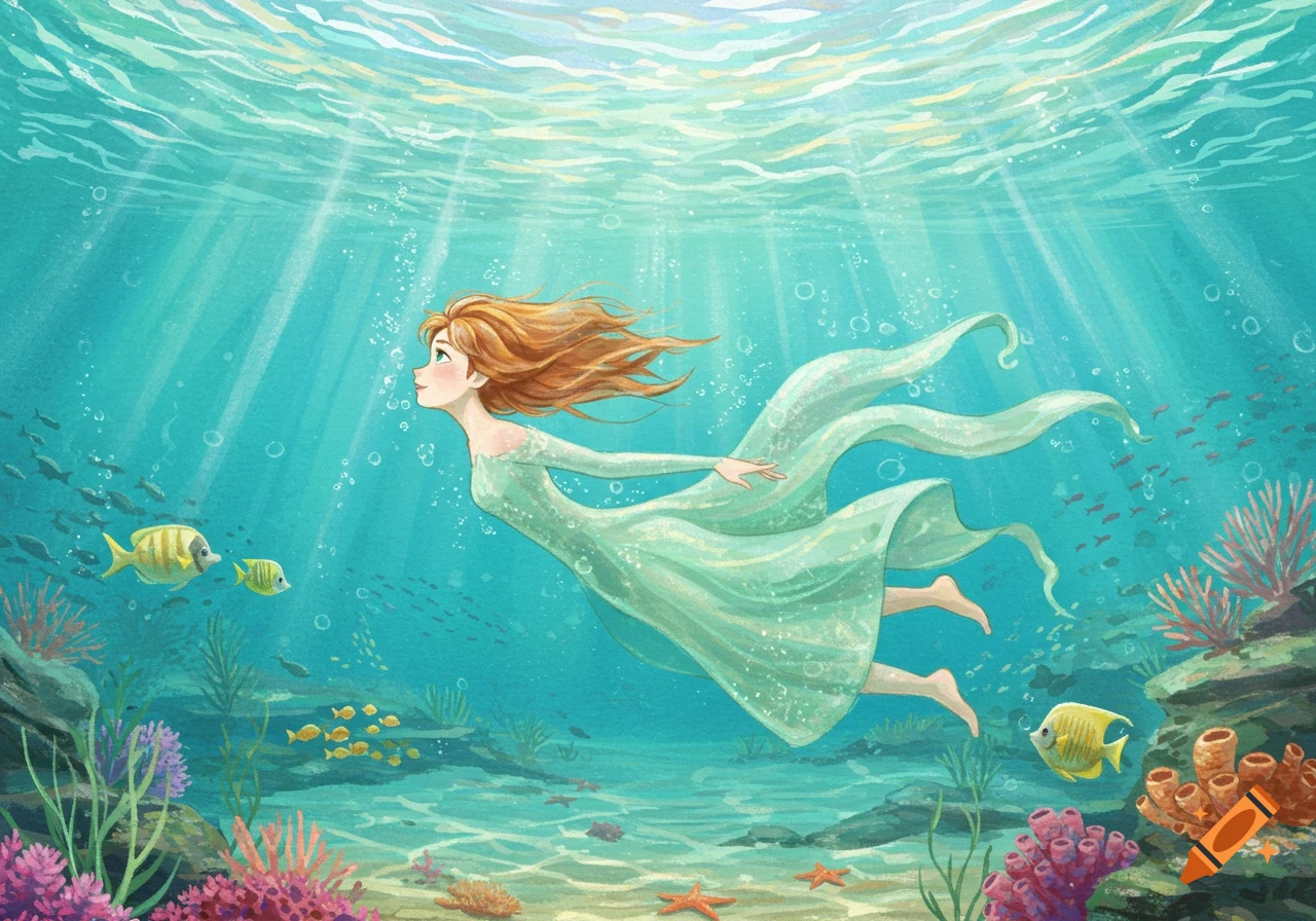 Anna from Frozen swimming gracefully underwater among fish and coral, with light beams from the surface.