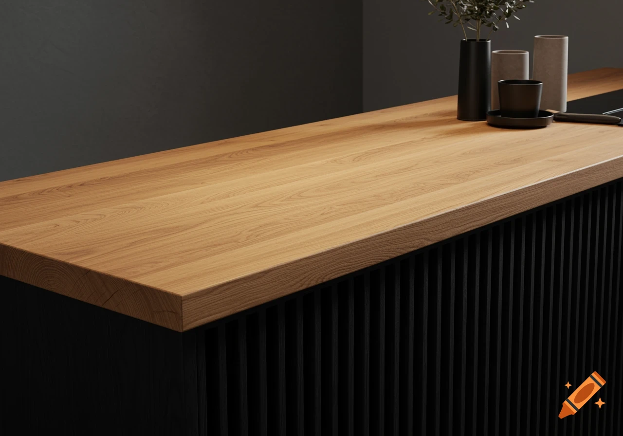 Photorealistic close-up of a light wood worktop with dark vertical slats underneath, featuring vases and a cup on the right.
