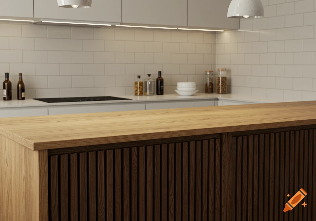A modern kitchen interior featuring a light wood island with dark slatted cabinets, white subway tile backsplash, and appliances.