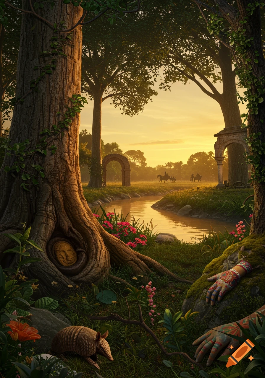A sunlit fantasy forest scene with a winding river and stone arches. Hidden elements include a face carved into a tree, decorated hands on moss, and an armadillo.