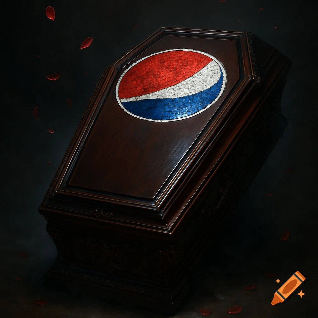 A dark wooden coffin with a mosaic Pepsi globe logo on its lid, surrounded by falling red petals.