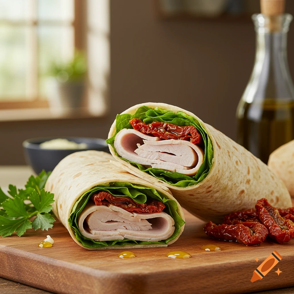 Two halves of a turkey and sundried tomato wrap with lettuce on a wooden cutting board, with an olive oil bottle in the background.