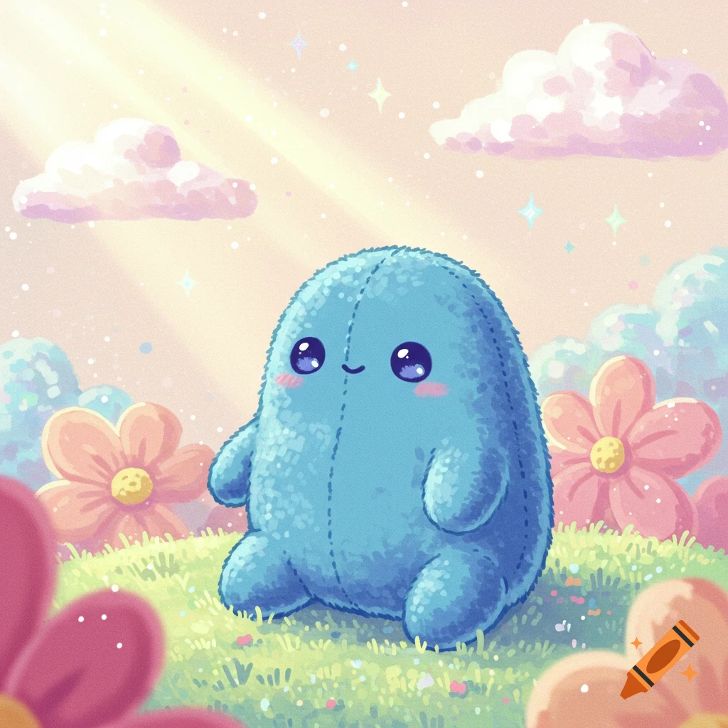 A cute blue blob character with large eyes sits in a field of colorful flowers under a pastel sky, whimsical illustration.