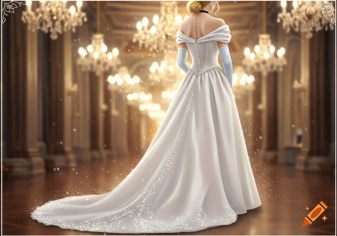 A woman in a white wedding gown with a long train, sparkling, stands in a grand ballroom with chandeliers, seen from behind.