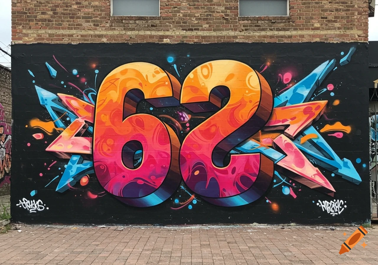 Vibrant 3D graffiti art of the numbers 62 on a black wall, surrounded by colorful abstract shapes.