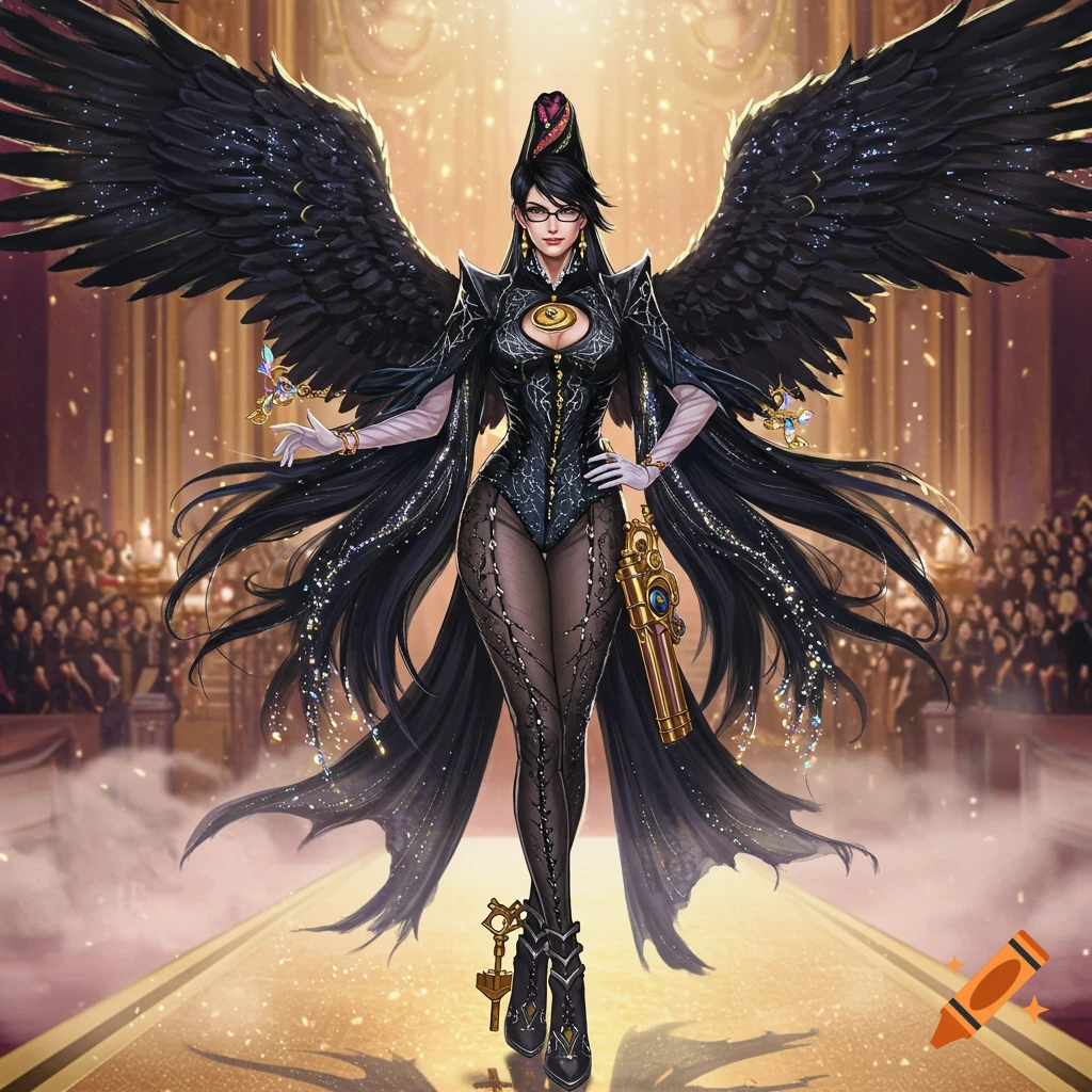 Bayonetta in a black, form-fitting, winged outfit, holding a golden gun, stands on a runway.