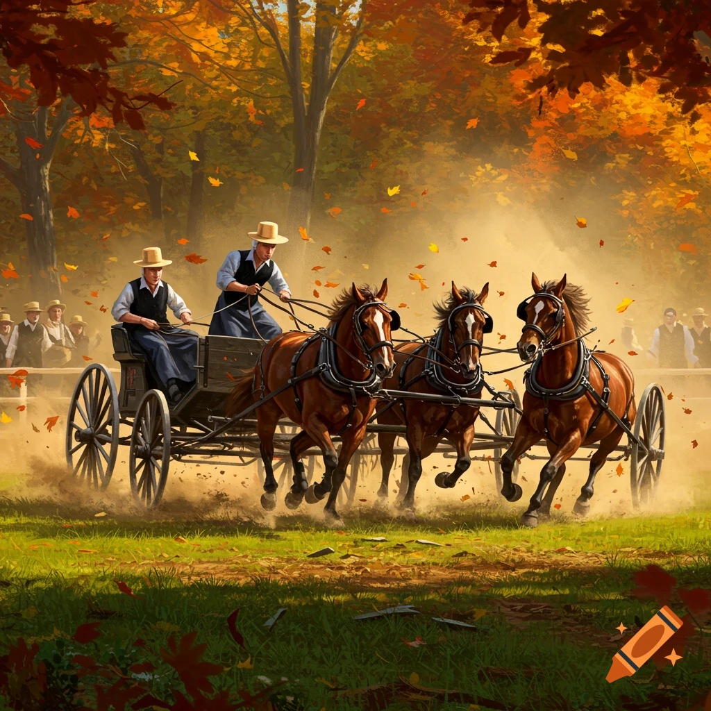 Two men in straw hats race horse-drawn buggies through an autumn forest, kicking up dust with spectators in the background.