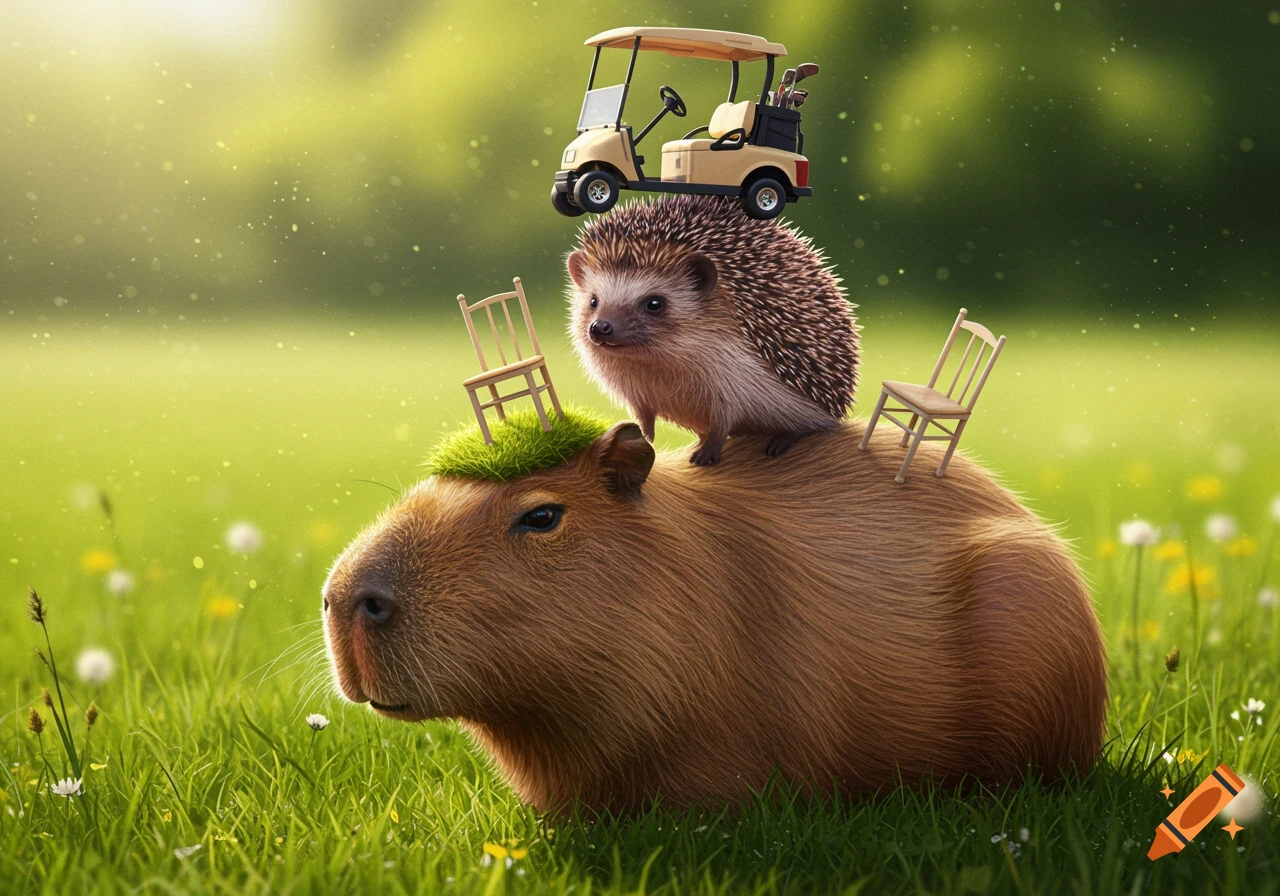 A capybara with a hedgehog on its back, a golf cart on the hedgehog, and small chairs on the capybara's head in a grassy field.
