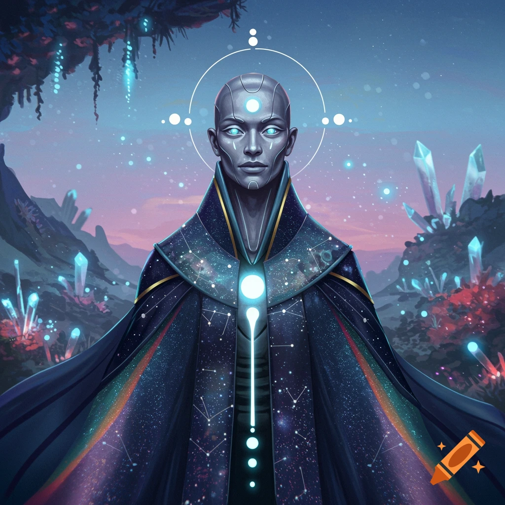 An ethereal, bald, blue-skinned figure in a dark, star-patterned robe with glowing elements, standing in a landscape of luminous crystals.