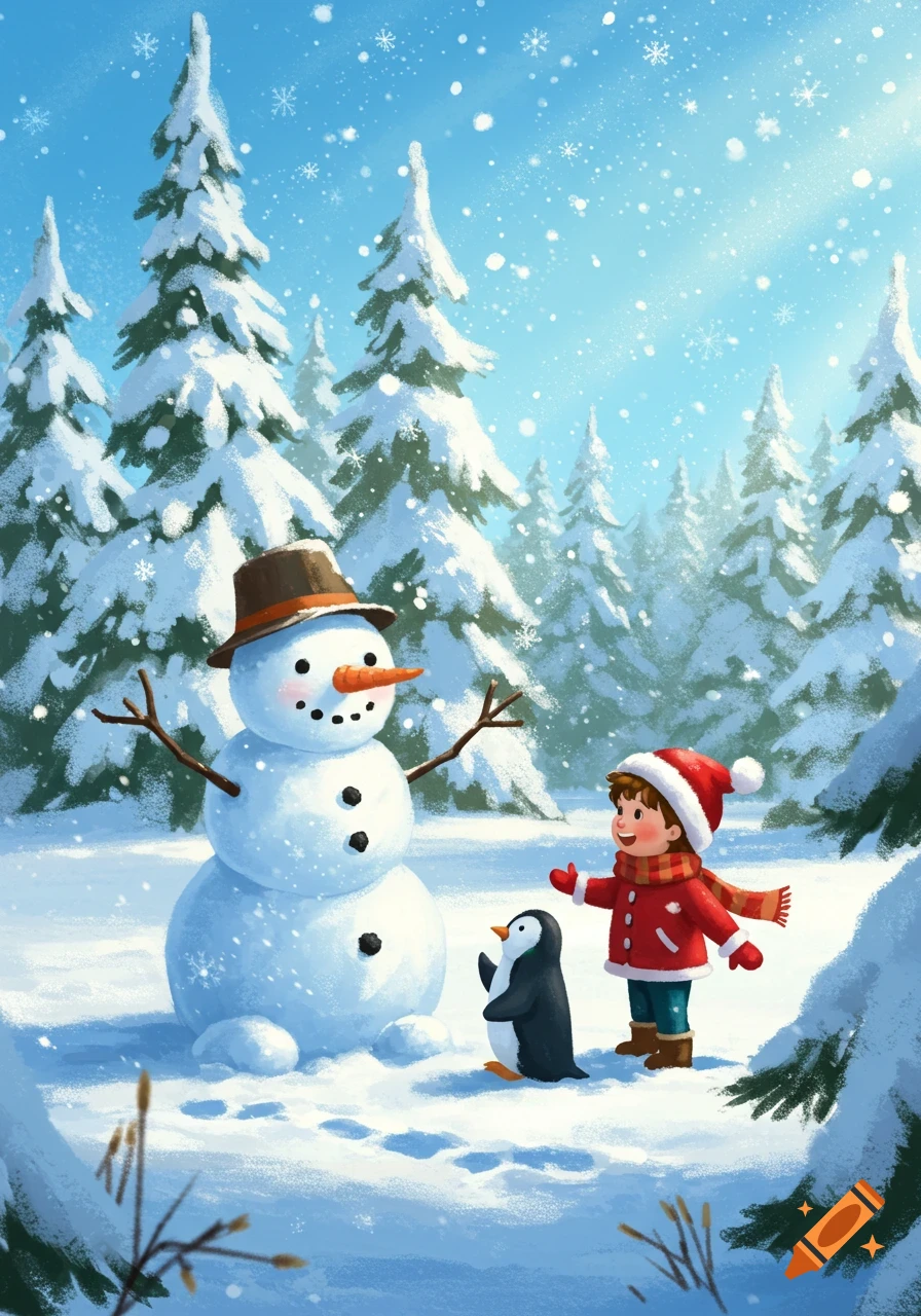 An illustration of a boy in a red coat with a snowman and a penguin in a snowy forest as snow falls.