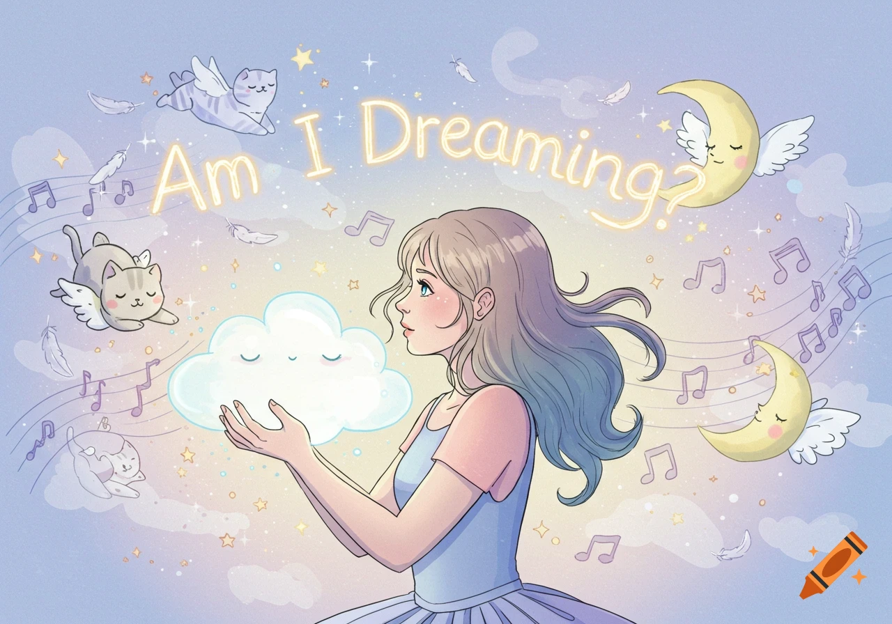 A dreamy illustration of a girl holding a cloud, with flying cats, moons, musical notes, and the text 'Am I Dreaming?' in a pastel sky.