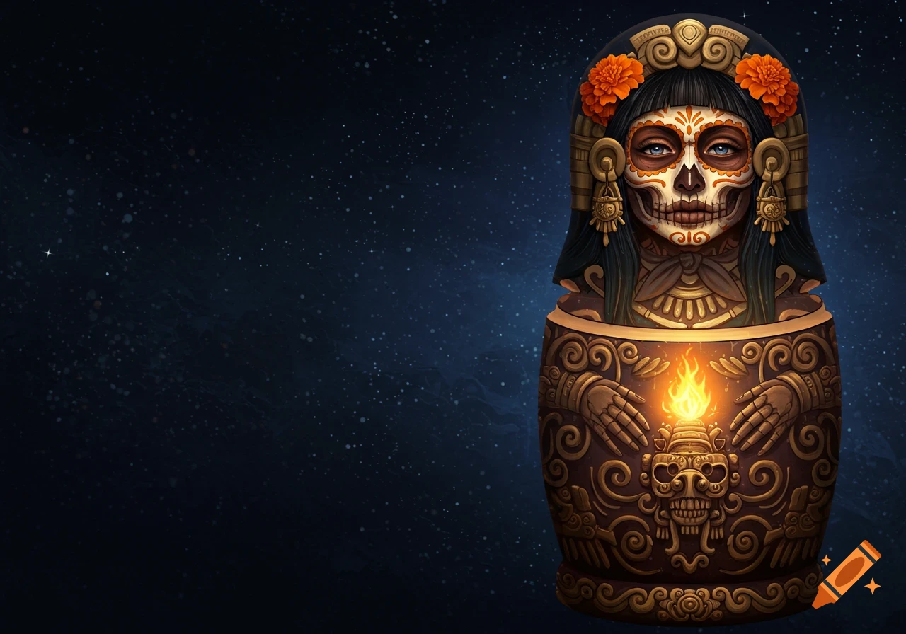 A stylized nesting doll featuring a skeletal face with blue eyes, orange marigolds, and intricate gold patterns, holding a glowing flame, set against a dark starry background.
