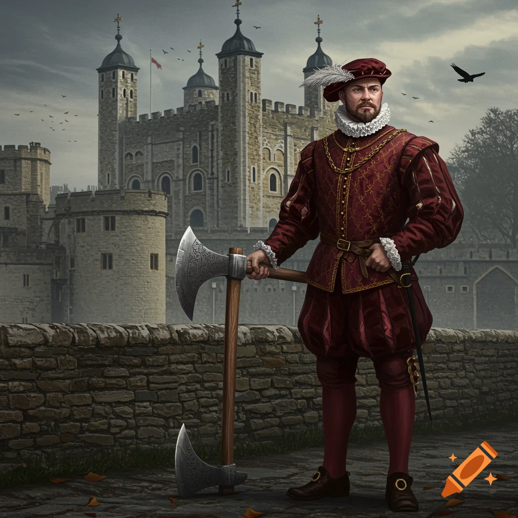 A man in historical Tudor attire, holding a large axe, stands in front of the Tower of London under a dramatic sky.