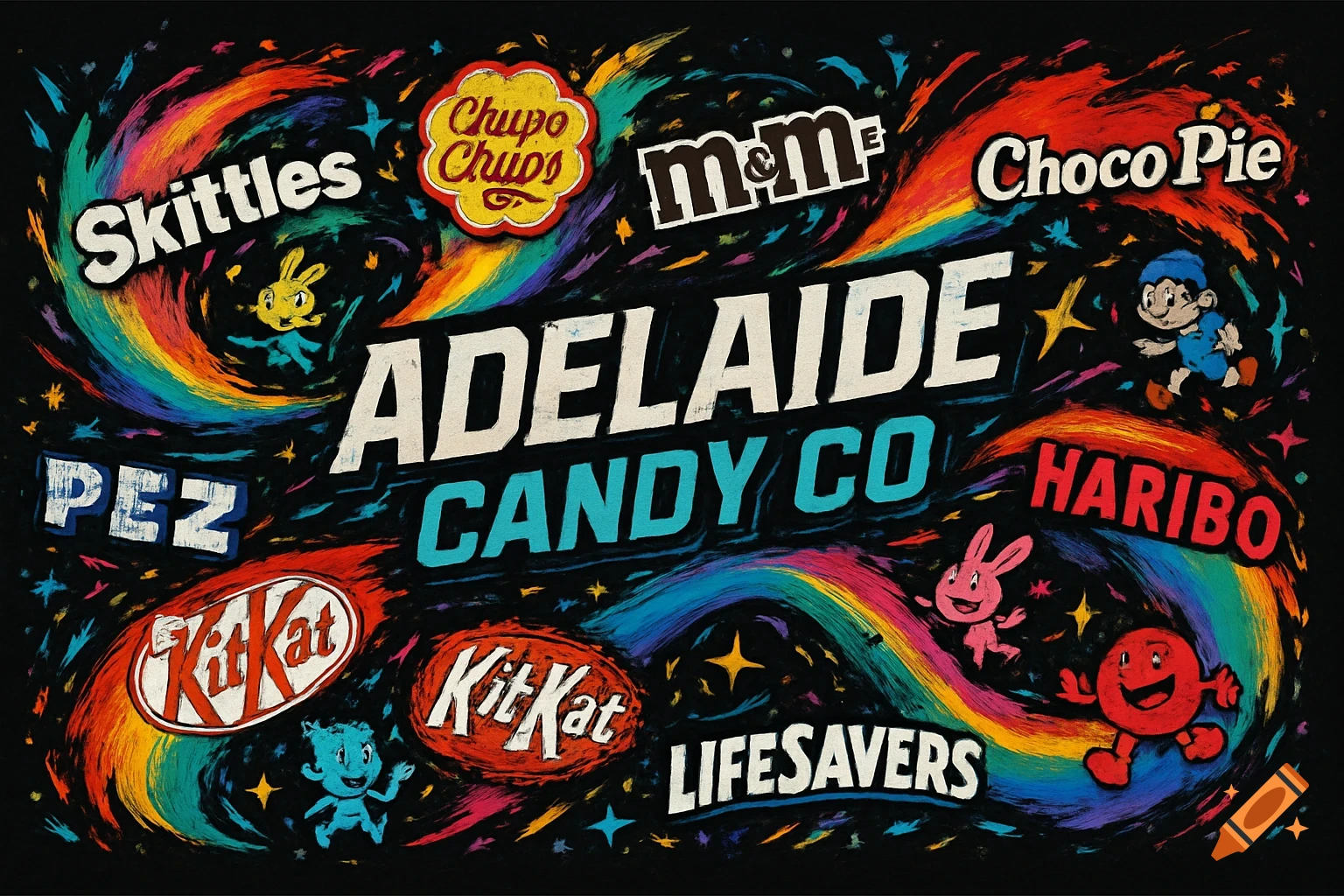 A vibrant, street art-style mural on a black background, featuring rainbow swirls, stars, and various candy brand logos like Skittles, KitKat, and Haribo, with "ADELAIDE CANDY CO" bolded in the center.