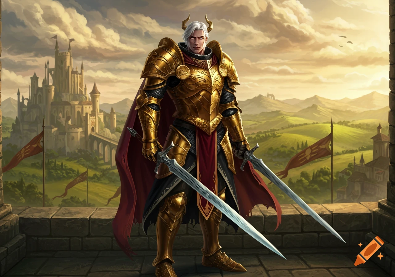 A knight in golden armor with white hair stands on a balcony, holding two swords, overlooking a fantasy castle landscape at sunset.