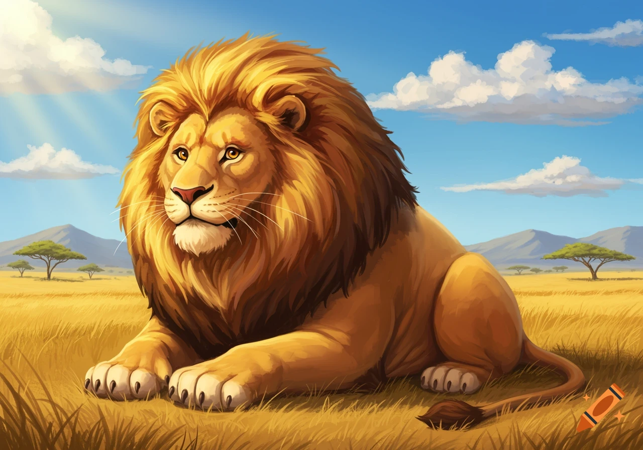 A majestic golden-maned lion lies in a sunlit savanna with acacia trees and mountains in the background, illustrated style.