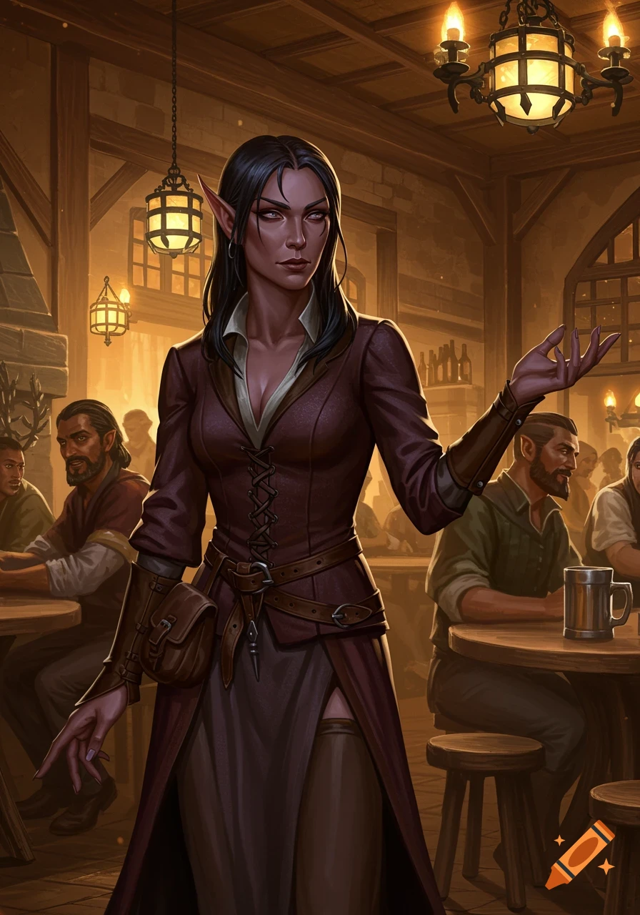 A detailed digital painting of a dark-haired half-elf innkeeper standing in a dimly lit, cozy tavern with patrons.