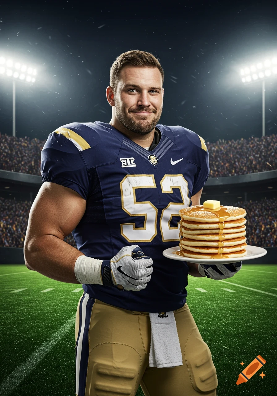 Photorealistic image of a smiling football player in a blue and gold uniform holding a stack of pancakes on a plate in a stadium.