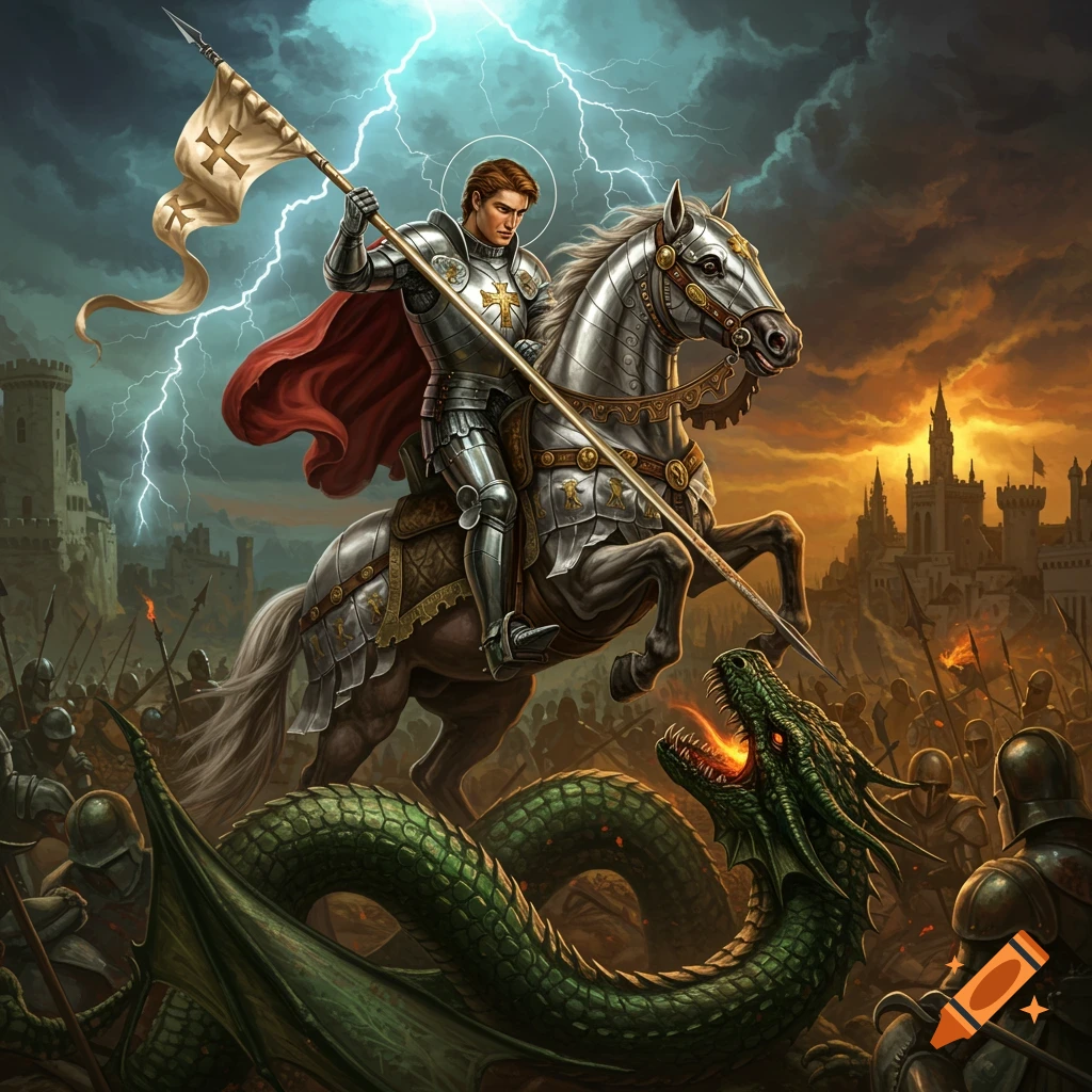 A knight in shining armor on a horse spears a green dragon under a lightning storm, with castles and soldiers in the background.