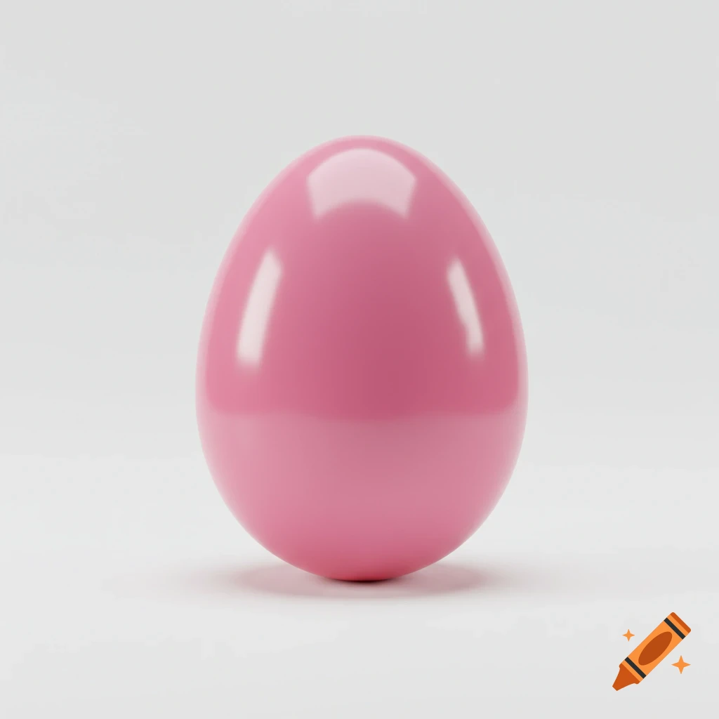 A perfectly smooth and glossy pink egg stands upright on a clean, bright white background.
