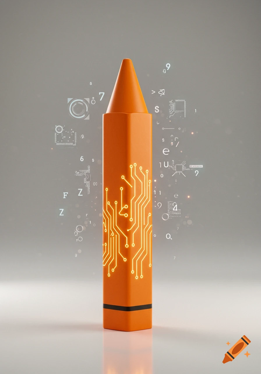 An orange crayon with a glowing yellow circuit board pattern on its side, surrounded by floating white numbers and digital symbols against a gray background.