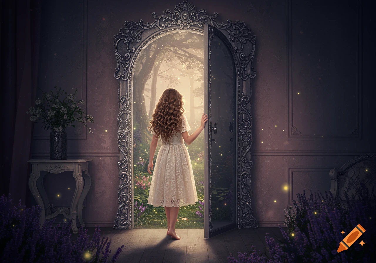 A young girl with long curly hair walks barefoot through an ornate, open doorway into a magical, glowing forest filled with purple flowers and fireflies.