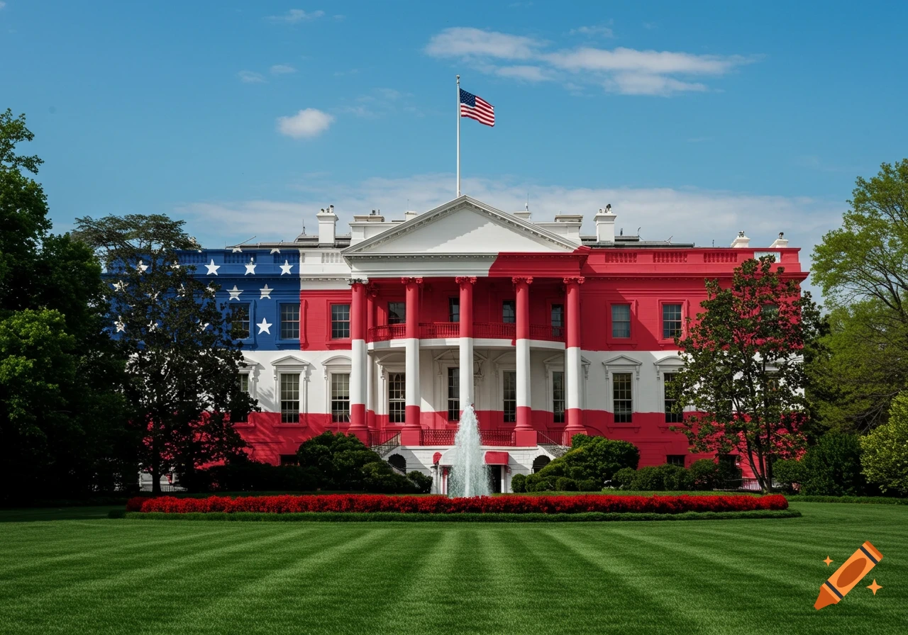 The White House is painted with an American flag design, blue with white stars on the left, and red and white stripes on the right, under a clear sky.