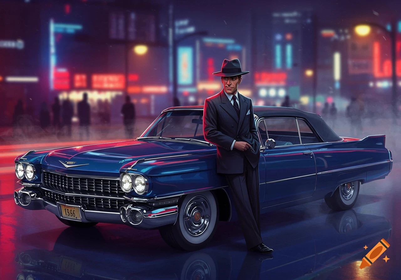 A man in a suit stands beside a vintage blue Cadillac car on a wet street at night, with blurred city lights in the background.