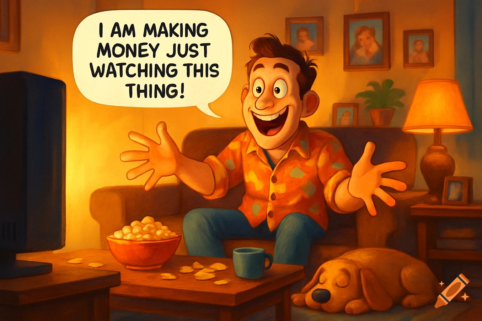 A cartoon man sits excitedly on a couch watching TV, with a bowl of popcorn and a sleeping dog nearby in a living room.