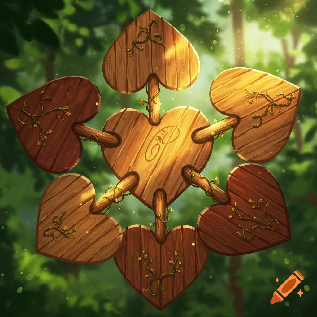 Interconnected wooden hearts, some dark brown and some lighter wood, adorned with small vines, set against a blurred green forest background with sunlight filtering through.