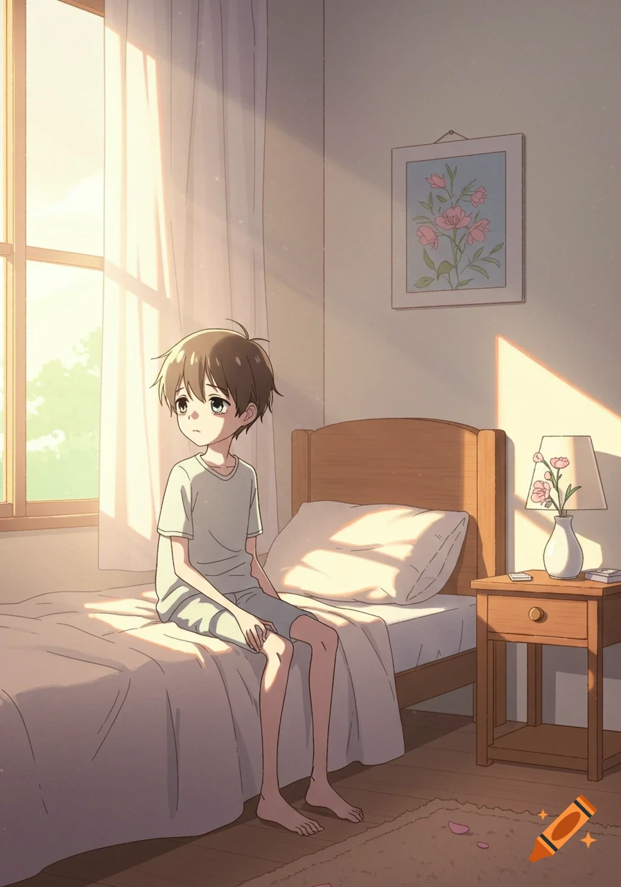 A sad-looking boy sits on a bed in a sunlit bedroom in an anime style.