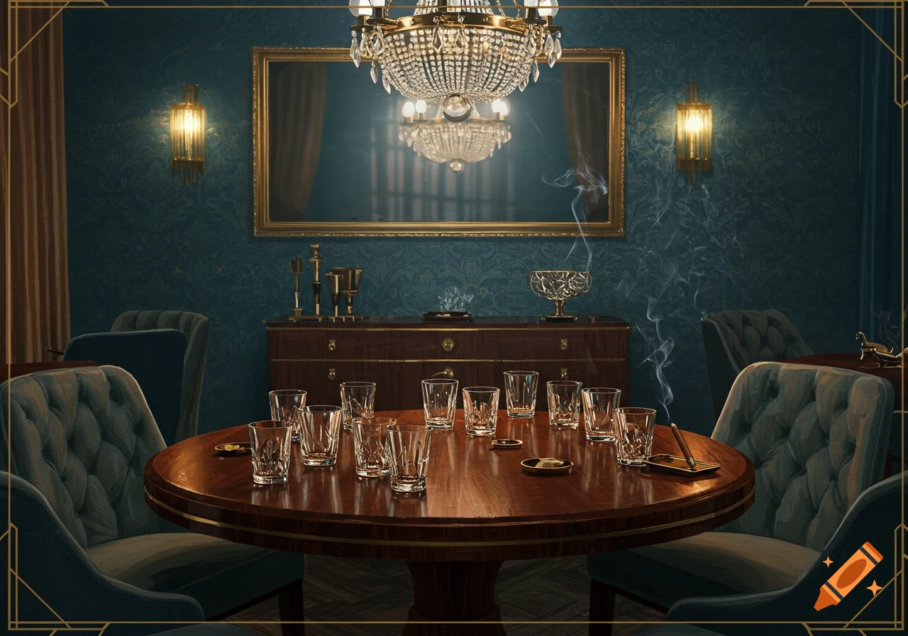 An ornate 1920s-style room with a large round table set with multiple empty glasses, under a sparkling chandelier. Smoke drifts through the air.