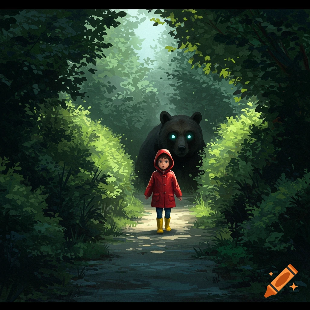A child in a red coat walks on a forest path, a dark bear with glowing eyes emerges from the shadows behind them.