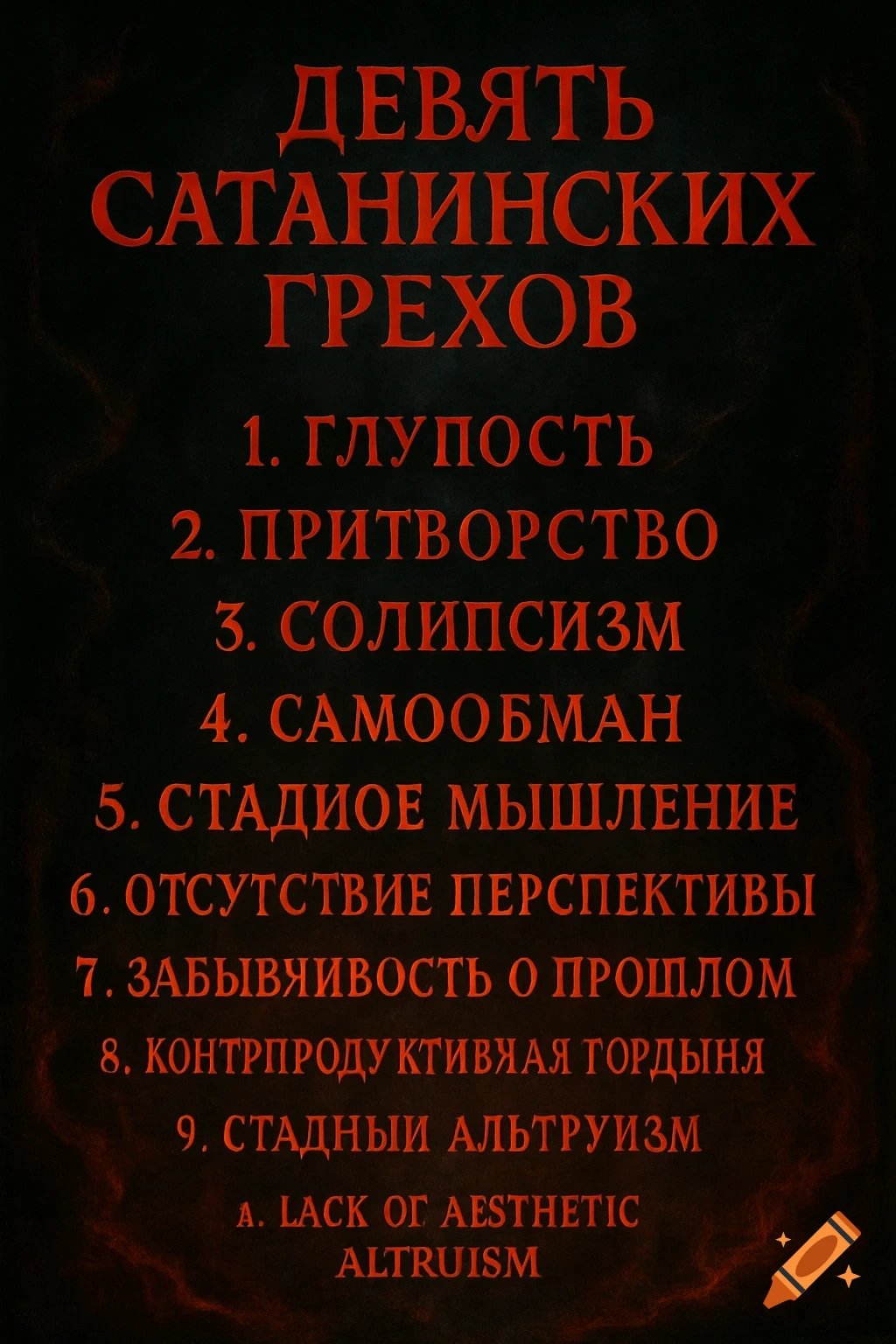 A dark, ominous poster with red text listing "NINE SATANIC SINS" in Russian, followed by a numbered list of concepts like stupidity, pretentiousness, and herd conformity. At the bottom, there is a line of English text: "A. LACK OG AESTHETIC ALTRUISM."