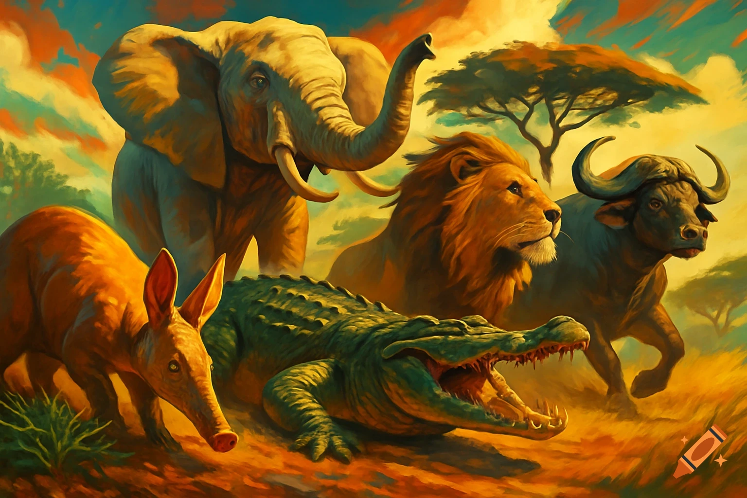 An elephant, lion, water buffalo, aardvark, and crocodile in a vibrant, painterly style, set against a colorful savanna sunset.