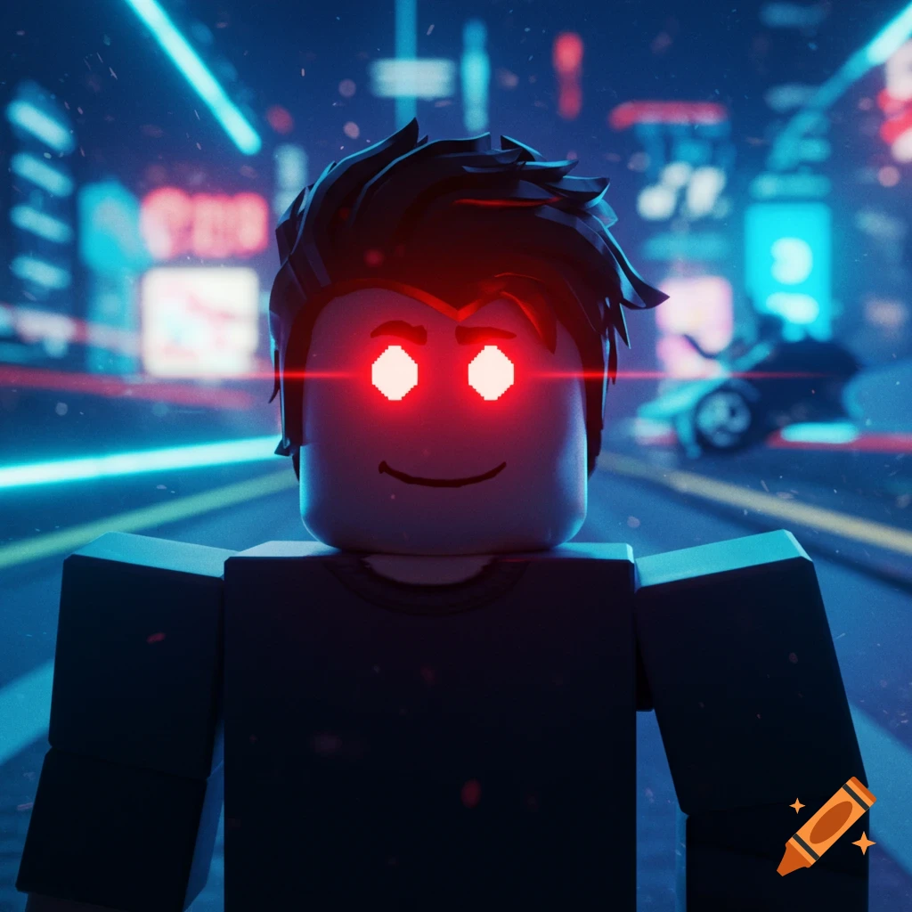 A Roblox character with glowing red eyes stands on a neon-lit futuristic city street at night.
